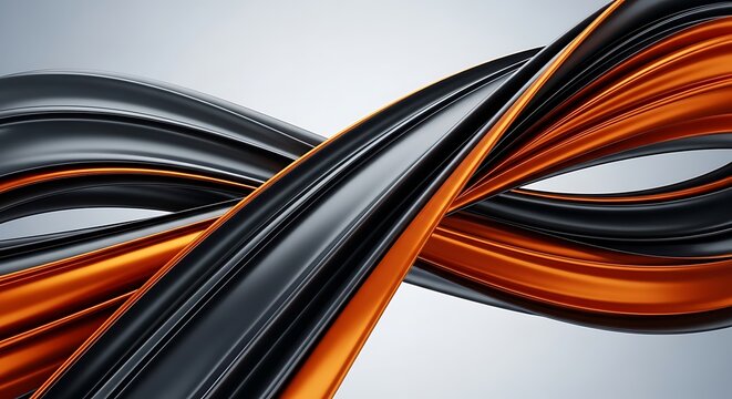 Intertwined strands of metallic black and vibrant orange create a dynamic, fluid abstract shape