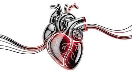 Futuristic 3D illustration of red blood cells flowing through a digital microchip, symbolizing biotechnology, medical innovation, artificial intelligence in healthcare, and the fusion of biology