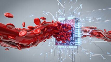High-tech 3D concept of red blood cells merging with digital circuits and data streams, representing artificial intelligence in healthcare, biotech innovation, and futuristic medical data technology.