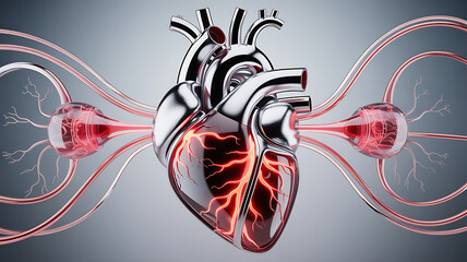 Futuristic 3D illustration of red blood cells flowing through a digital microchip, symbolizing biotechnology, medical innovation, artificial intelligence in healthcare, and the fusion of biology