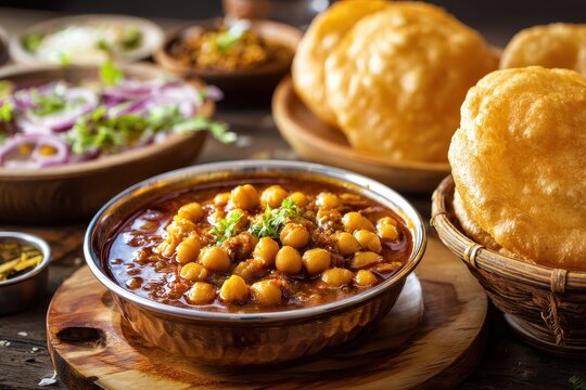 Traditional Chole Bhature: A Flavorful Chick Peas Dish Served with Crispy Fried Puri and Fresh Salad