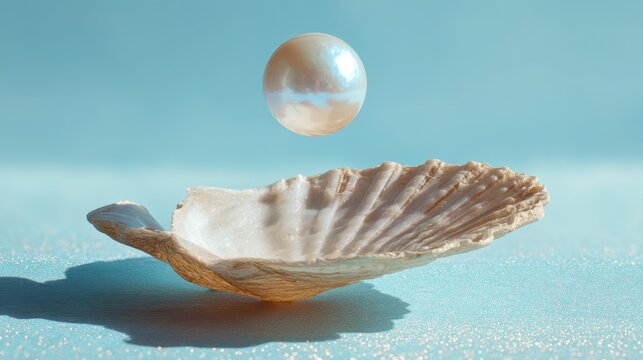 Floating pearl above an open seashell on blue background symbolizing purity and elegance