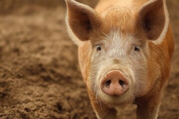 Intimate Portrait of a Duroc Hog with Rich Brown Fur Against a Serene Farm Background