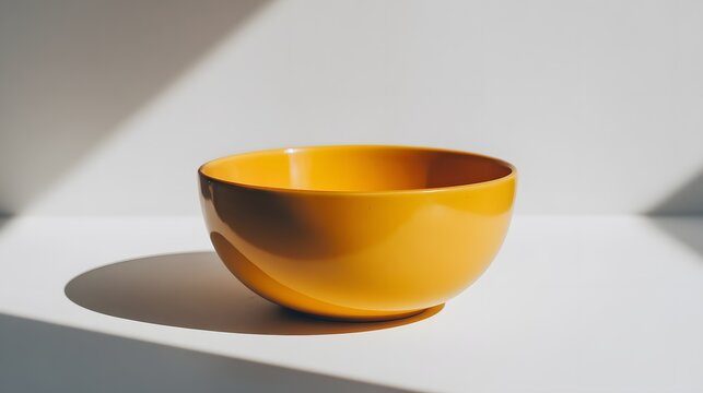 Bright yellow ceramic container sits upon a white surface beneath angular daylight shadows