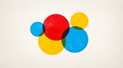 Intersecting primary colored circular shapes overlap upon a light background