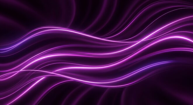 Glowing neon purple and pink light trails forming abstract wavy lines on a dark background