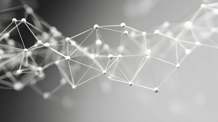 Interconnected glowing nodes form a complex digital structure across a grayscale background