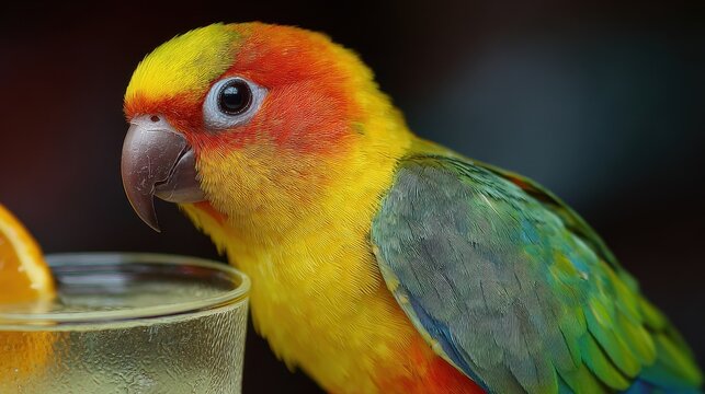 Vivid Parrot Cocktail: A Charming Female with Colorful Crest, Orange Cheeks, and Intricate Nail Art in Focus