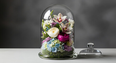 Floral arrangement featuring orchids and roses under a glass dome on a white surface ai generated