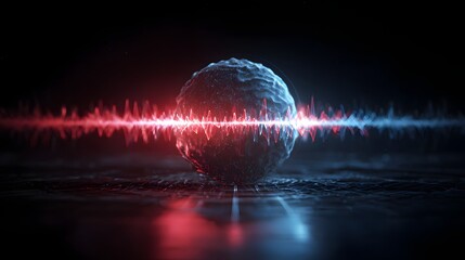 Glowing energy waves oscillate across a textured sphere in dark digital space