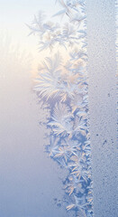 Frozen window pane with intricate ice crystal patterns, showing winter beauty, coldness, and fragile natural art, perfect for seasonal concepts