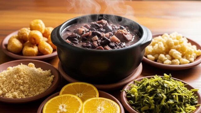 A Hearty Feast of Traditional Brazilian Feijoada Served with Accompaniments on a Wooden Table