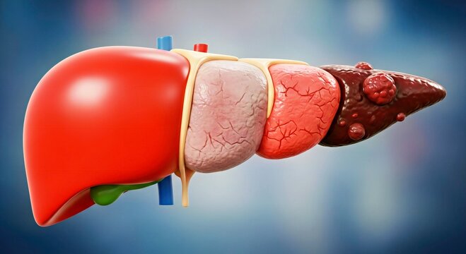 Stages of Liver Damage: Healthy to Cancer - Detailed Medical Illustration