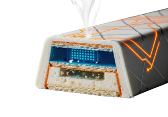 Sliced 'Cyber-Bar' dessert, matte white glaze, glowing orange patterns, electric blue 'data core' interior, silvery wafers, cool vapor, isolated on transparent, futuristic culinary art