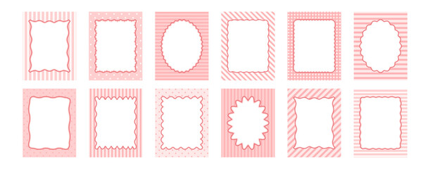 Whimsical cute border, vintage bachelorette frame, coquette pink menu icon. Pretty invite for party. Christmas, wedding, Valentine day decoration card set isolated on background. Vector illustration