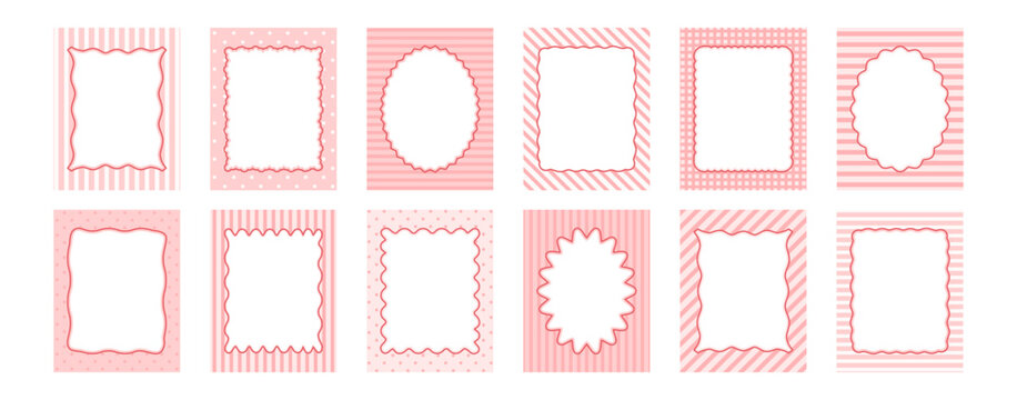 Whimsical cute border, vintage bachelorette frame, coquette pink menu icon. Pretty invite for party. Christmas, wedding, Valentine day decoration card set isolated on background. Vector illustration