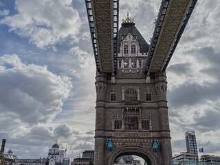 Stunning aerial view of Tower Bridge in London, spanning the River Thames with the city skyline in the background &mdash; blending historic architecture and modern urban beauty. London Bridge