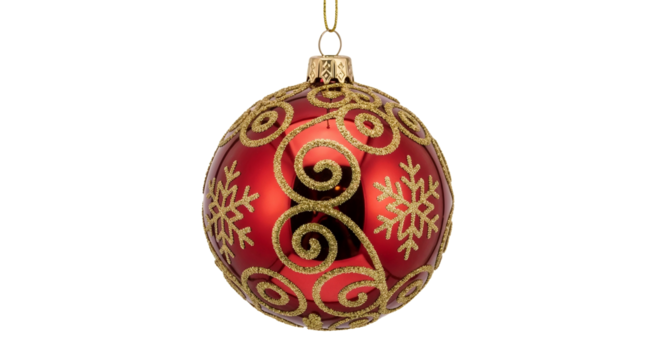 Red Christmas ornament with golden swirls and snowflakes, festive decoration, on white background, copy space