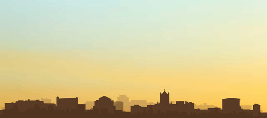 Panoramic poster of the city skyline with misty background buildings, hills sunrise, sunset and clouds of GHENT, BELGIUM