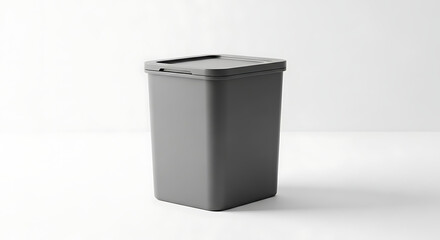 A gray rectangular trash can with a lid sits on a white surface against a white background in a studio ai generated