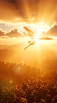 Golden sunrise parrot flying above forest sunlight and sky scarlet macaw soaring over sunlit