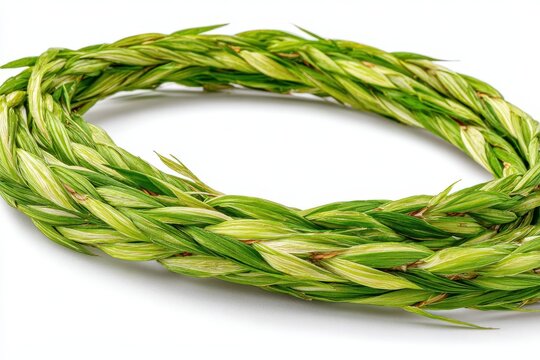 Intricate Closeup of Green Fresh Sweetgrass Braid Formed in a Circle Against a White Background