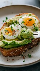 Avocado toast topped with poached eggs, garnished with parsley on a beige plate. Healthy, GLP-1 friendly food styling.