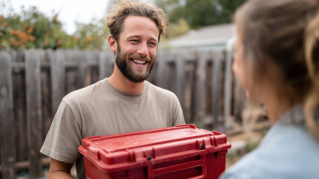 Friendly neighborly exchange: man handing toolbox over fence