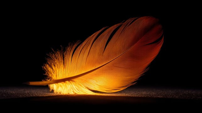 Single illuminated bird plume rests upon a dark surface with dramatic backlighting - Powered by Adobe