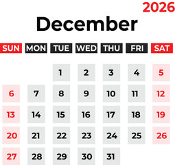 December 2026 monthly calendar design week starts from Sunday