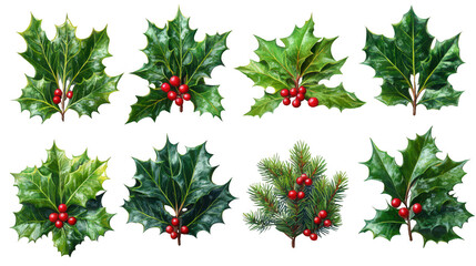 Collection of holly leaves with red berries isolated on transparent background