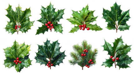 Collection of holly leaves with red berries isolated on transparent background