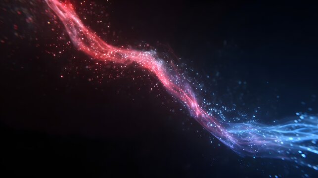 Dynamic stream of red and blue glowing energy flows diagonally across a dark background
