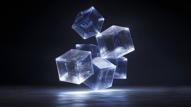 Multiple translucent geometric solids float above a reflective surface in a dark environment