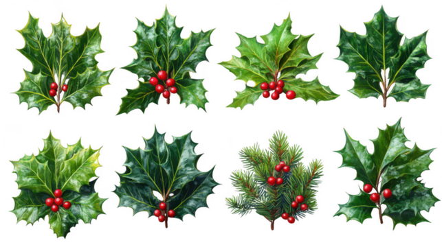 Collection of holly leaves with red berries isolated on transparent background