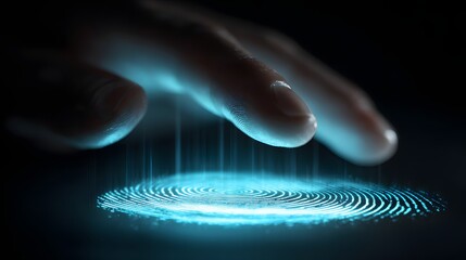 Illuminated human finger nearing digital fingerprint scan glowing with bright blue light