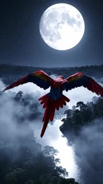 Scarlet macaw parrot bird flying over misty rainforest river and jungle full moon serene nocturnal