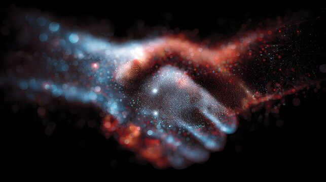Illuminated digital particles form a dynamic handshake silhouette against a dark background