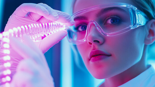 Genetic engineering innovation: scientist examining glowing dna in advanced laboratory setting