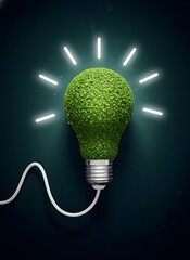 Green light bulb made of moss with glowing rays on dark background