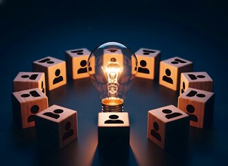 Glowing light bulb at the center of a circle of people icons representing ideas and teamwork