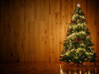 Elegant Christmas tree glowing with warm lights against rustic wood wall backdrop for festive holiday season promotions and family celebrations