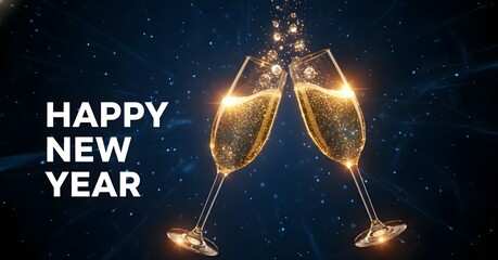 Champagne glasses clinking together with happy new year text