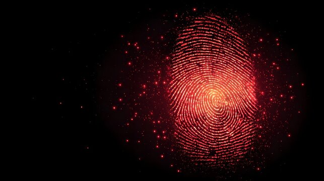 Glowing red digital fingerprint icon illuminates against a dark background with scattering particles - Powered by Adobe