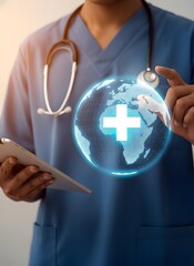 Doctor holding a glowing digital globe with a medical cross over the world