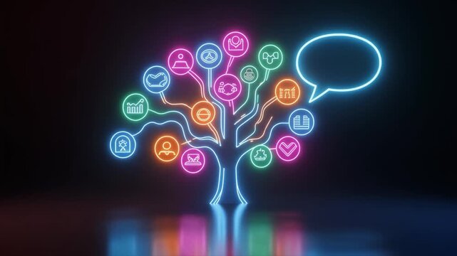 Illuminated neon tree of knowledge with various icons representing different concepts and a speech bubble on a dark reflective surface