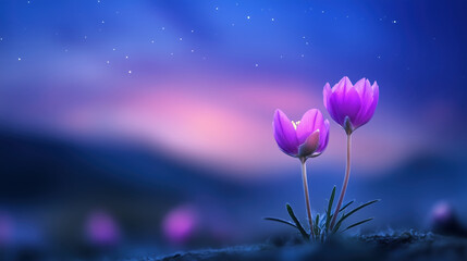 Purple flowers at twilight with starry sky and blurred background