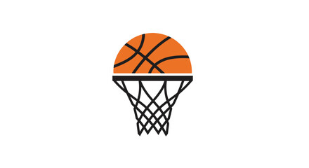 Basketball image with an orange ball above a black and white net, simple design.