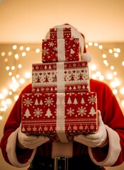 Santa claus holding a stack of festive red and white christmas presents