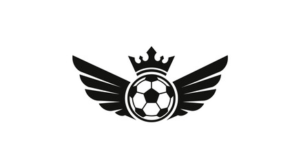 A black and white logo featuring a soccer ball with wings and a crown.